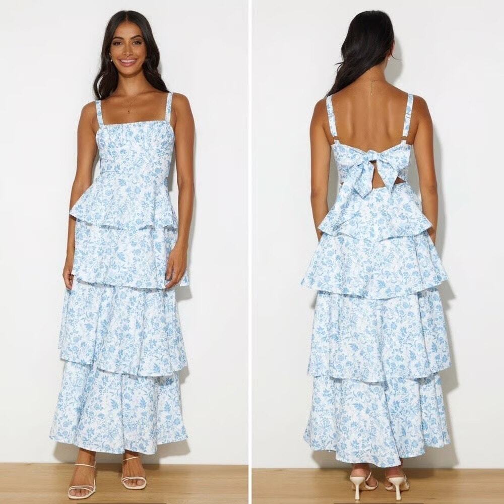 Hello Molly Blue & White Floral Tiered Maxi Dress